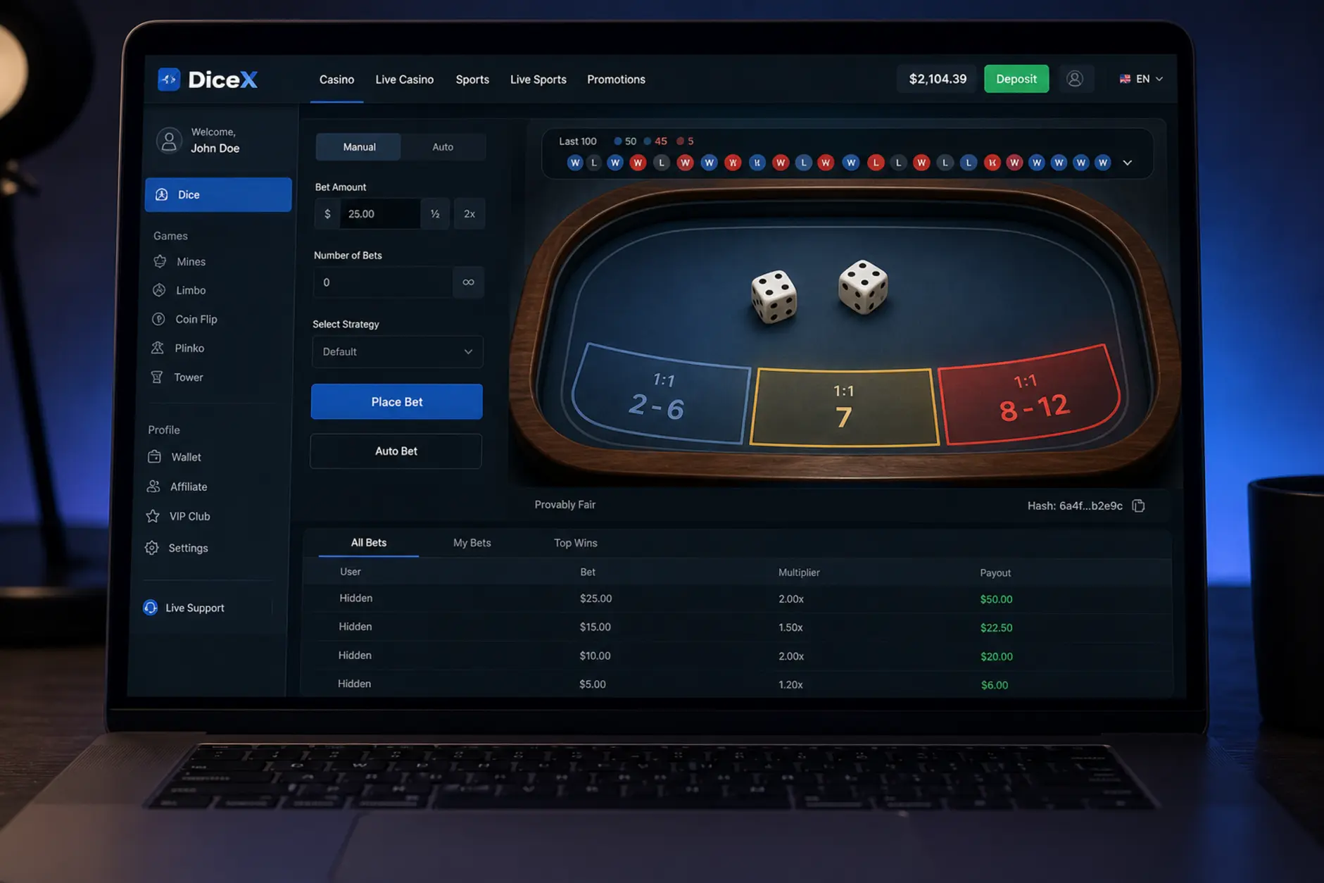 Stół do craps online w interfejsie gry Interfejs stołu do craps online z kośćmi i polami gry