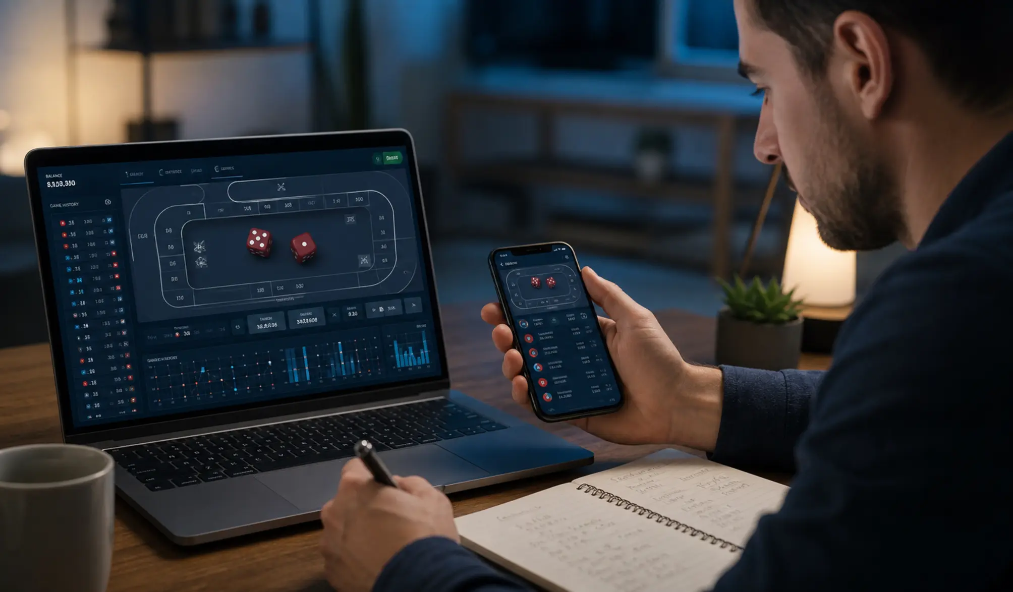 Strategia i analiza gry w craps online Gracz analizujący zakłady w craps online na laptopie i telefonie