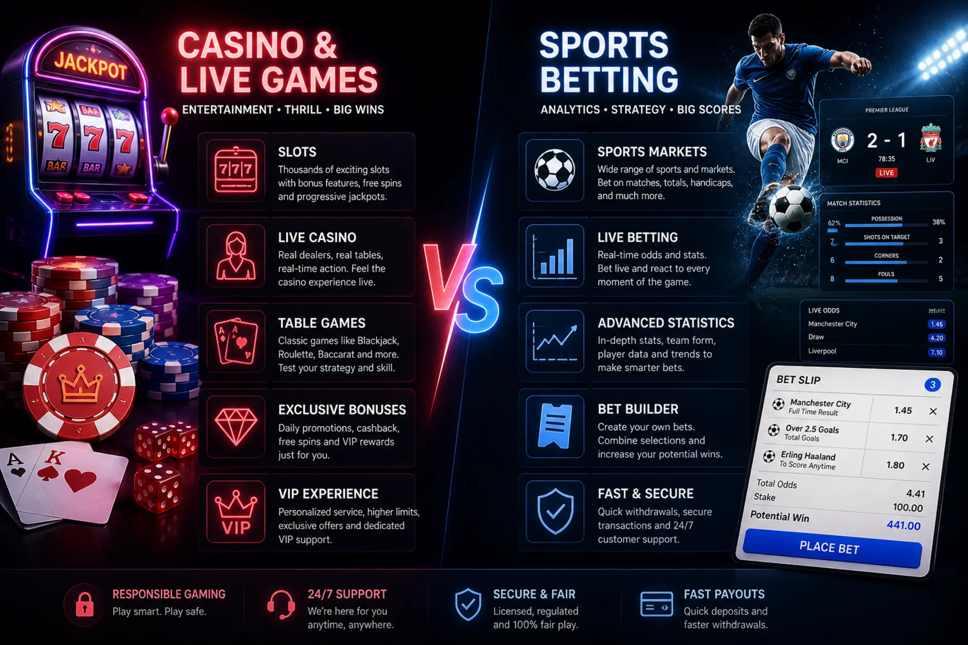 Infografika porównująca bonus kasynowy i bonus dla zakładów sportowych