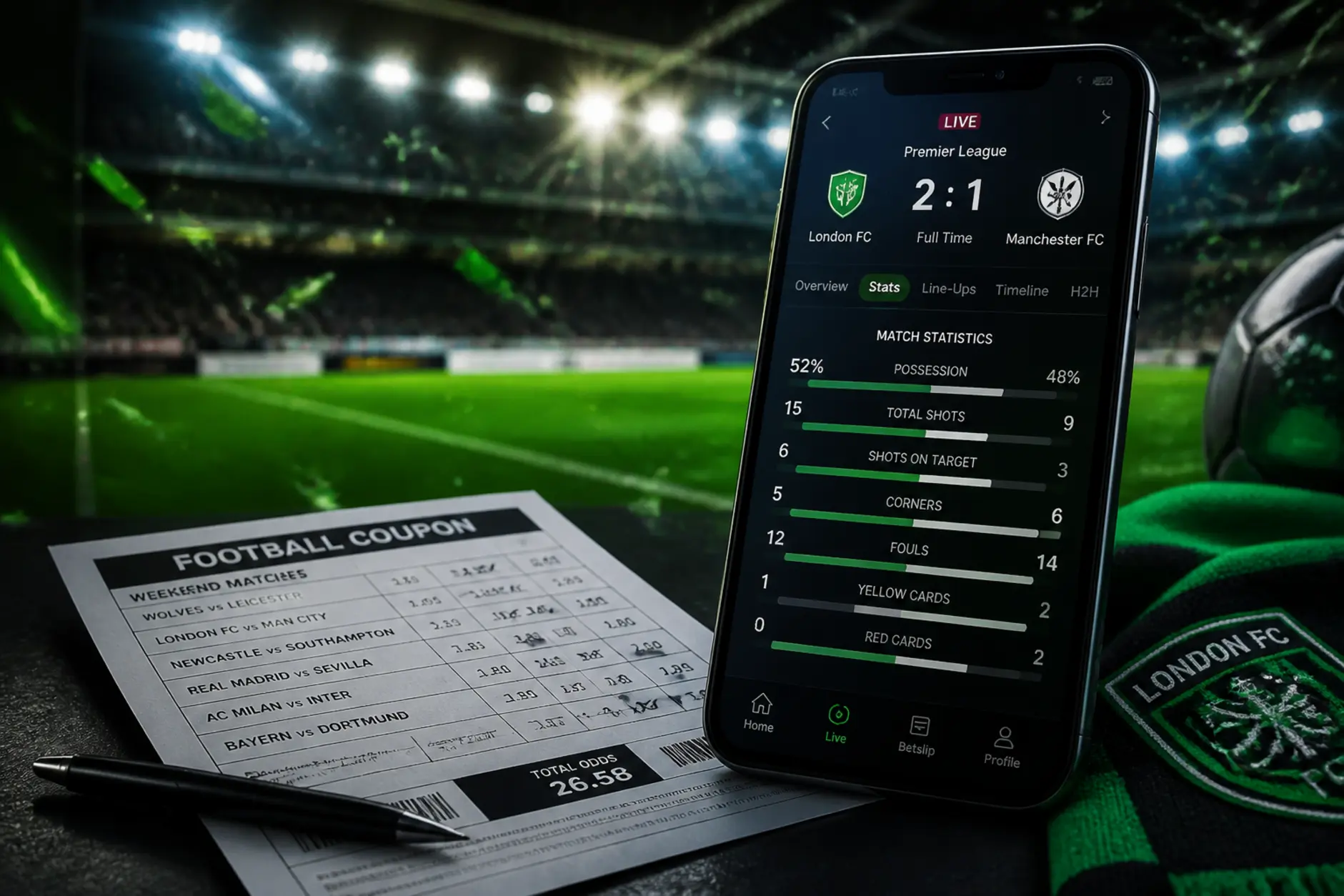 Pakiet powitalny dla fanów typowania sportu Ilustracja sportowej oferty startowej z kuponem i meczem piłkarskim