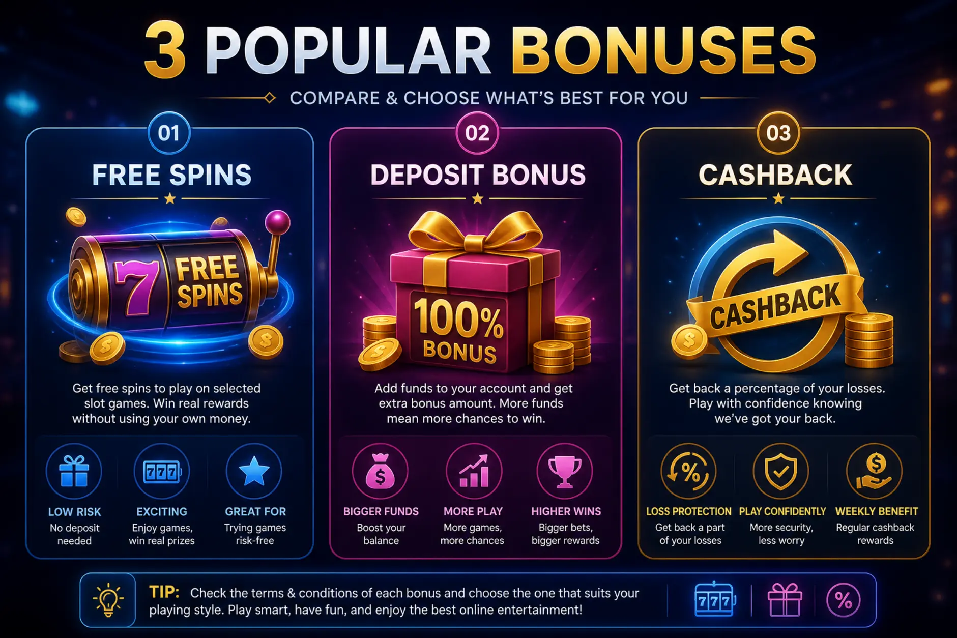 Porównanie typów bonusów: free spiny, bonus od depozytu i cashback