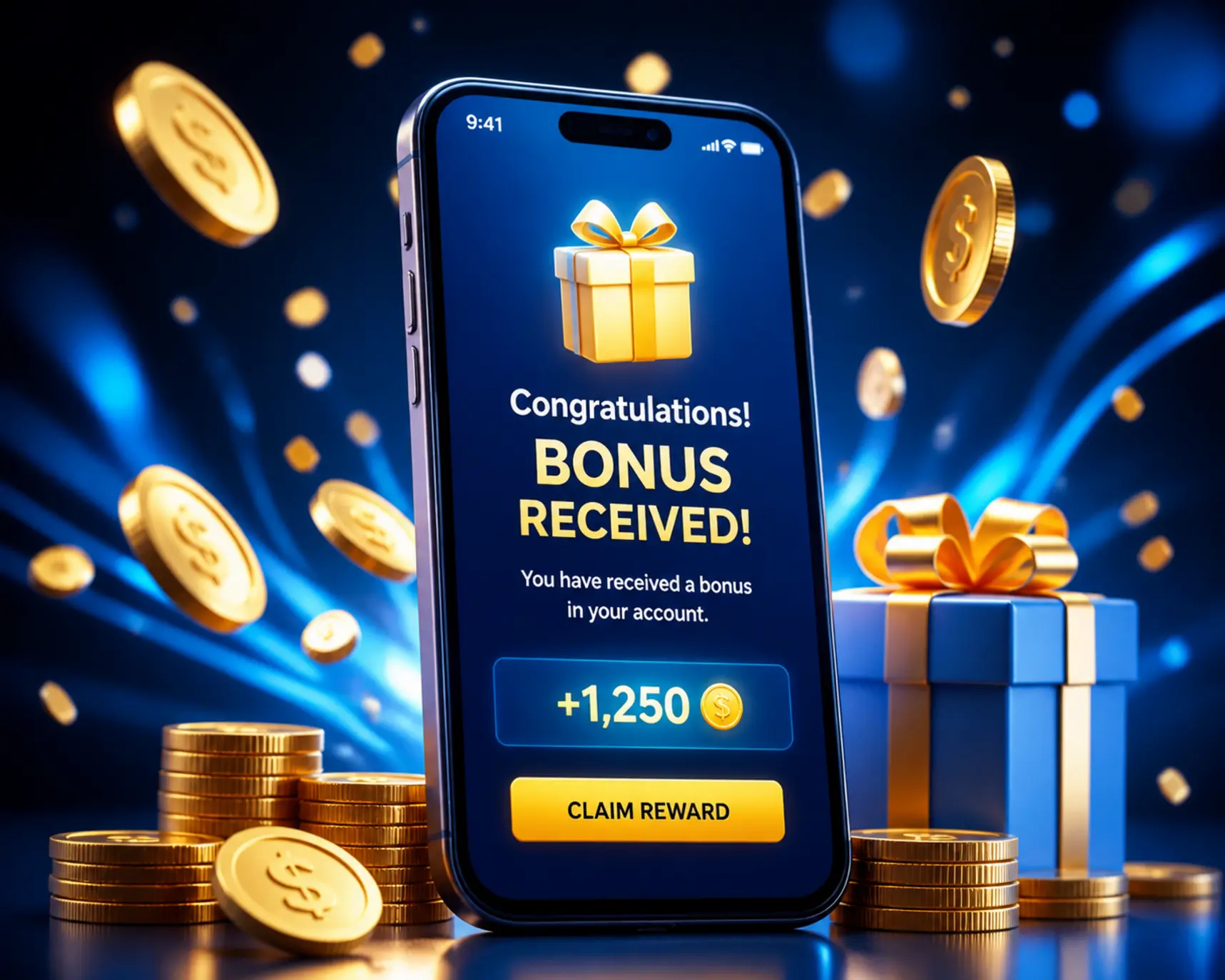Bonusy w kasynie mobilnym Ilustracja bonusów mobilnych z telefonem, monetami i prezentem
