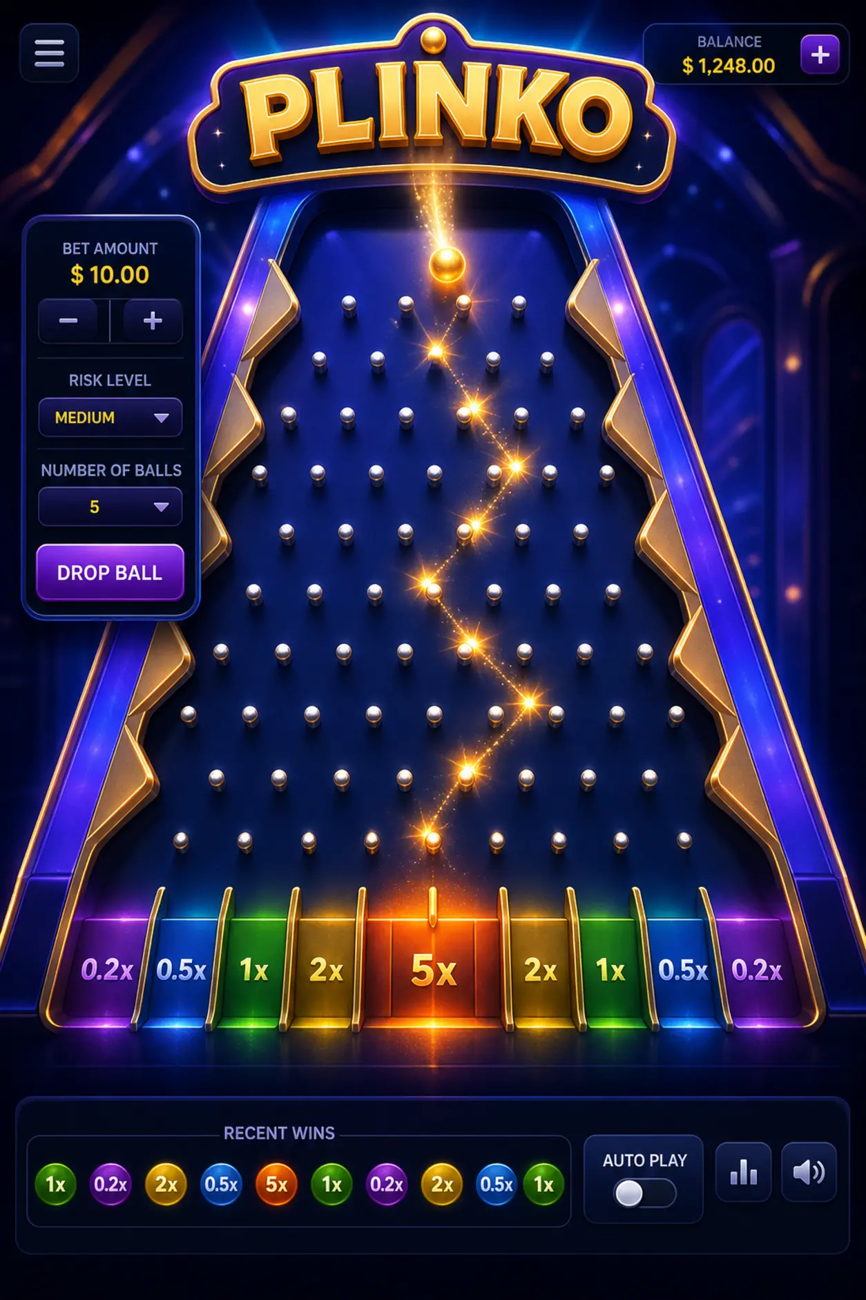 Plansza Plinko z kulką i polami mnożników