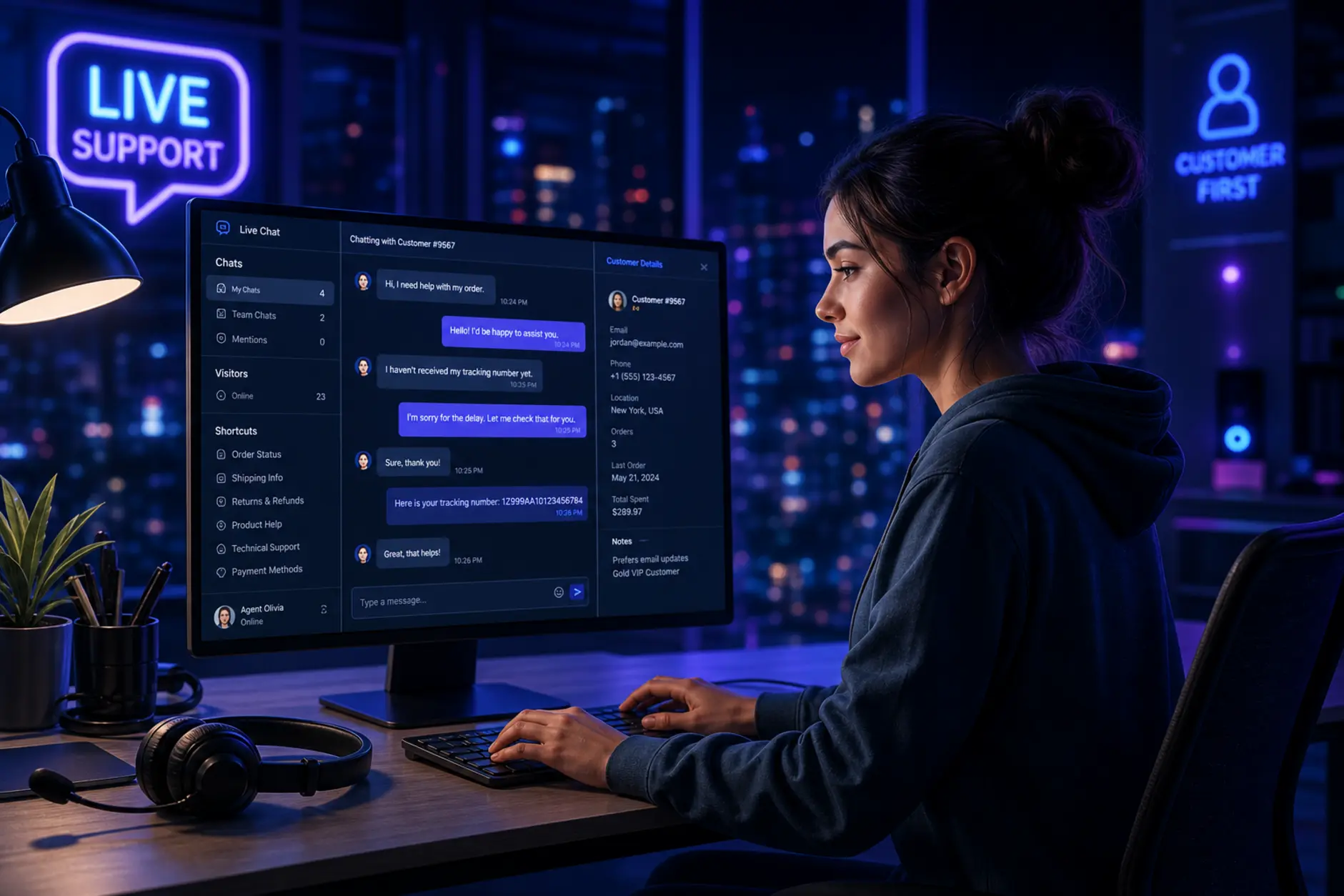 Agent wsparcia online przy czacie na żywo w nocnym interfejsie pomocy